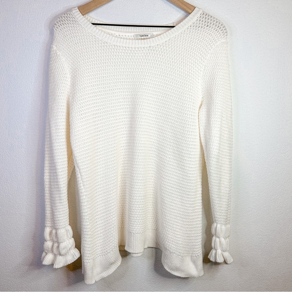 Tyler Boe White Sweater Weaved Cotton Wool Tiered Sleeve Large